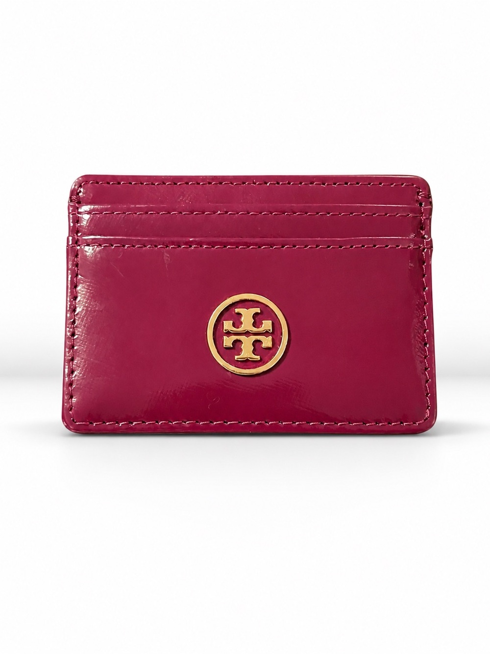 Tory Burch Robinson Patent Leather Card Holder Burgundy Gold Logo